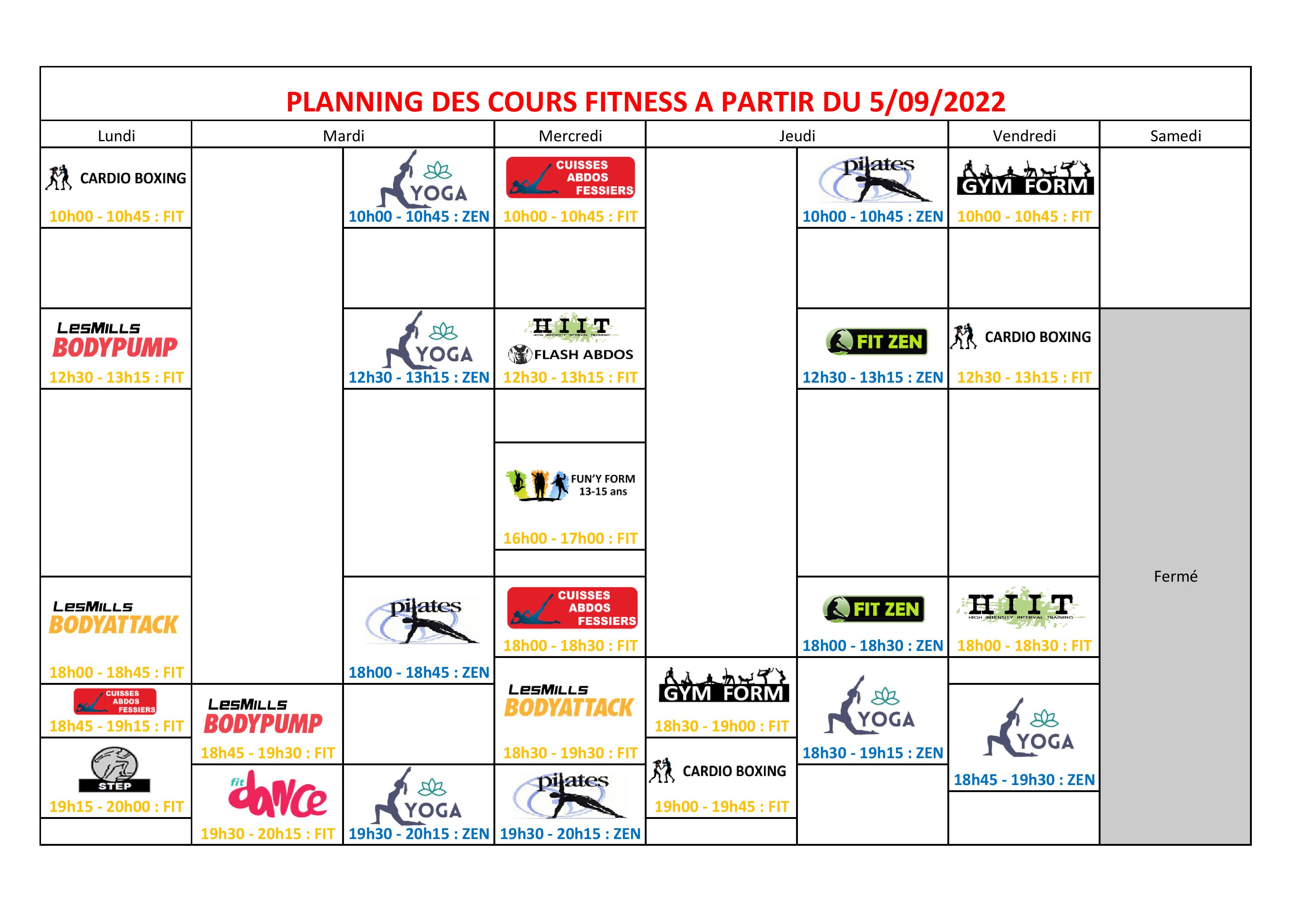 Planning des cours fitness
