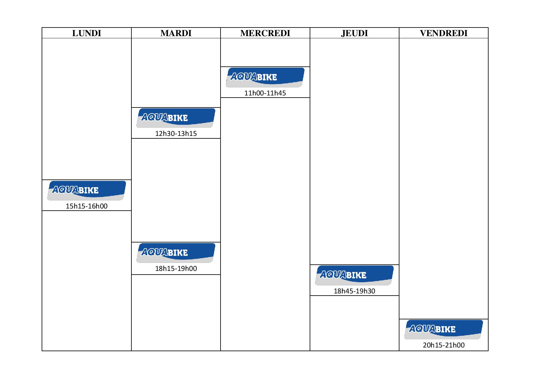 Planning d'aquabike 2019-2020
