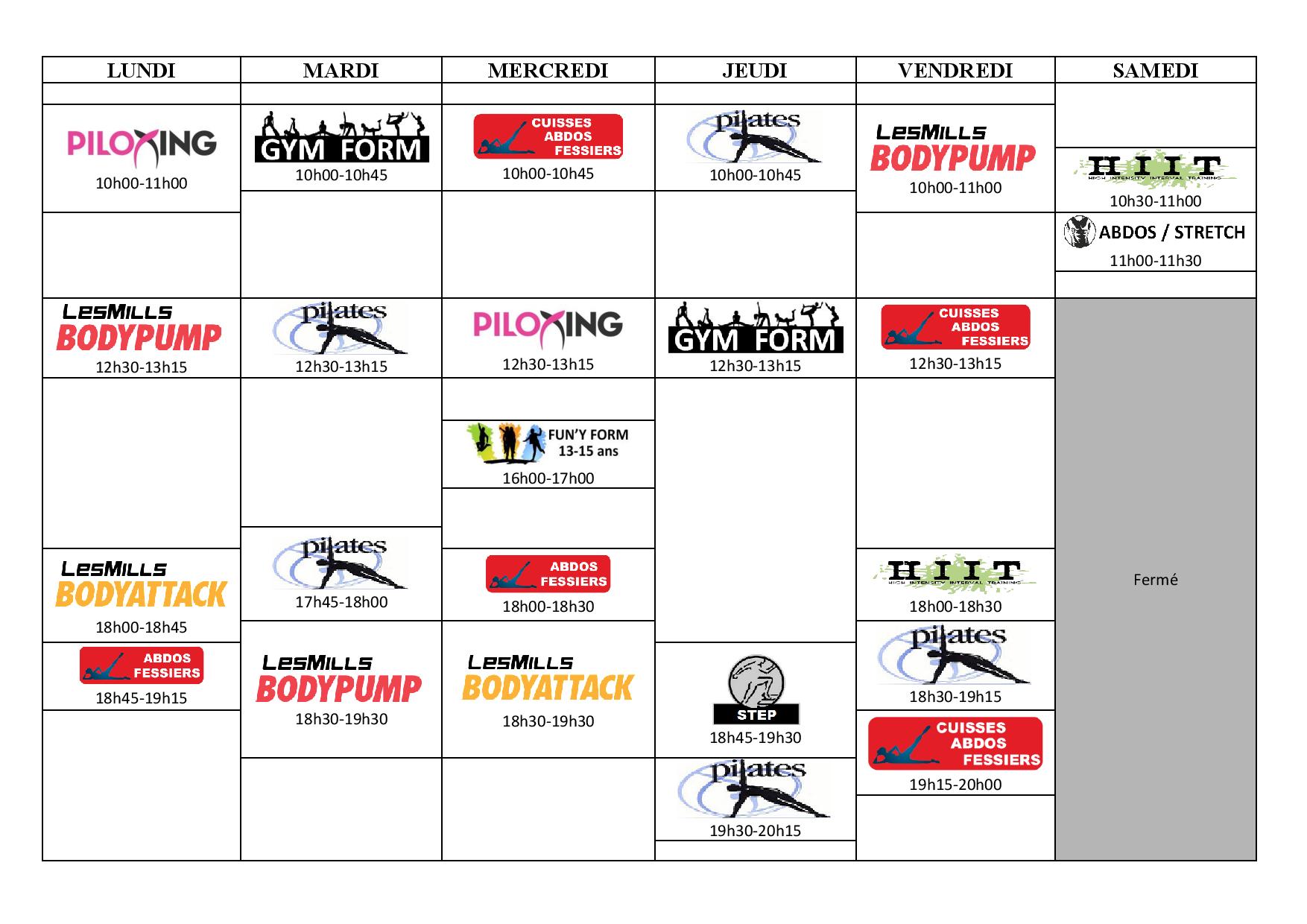 Planning de cours fitness 2019-2020