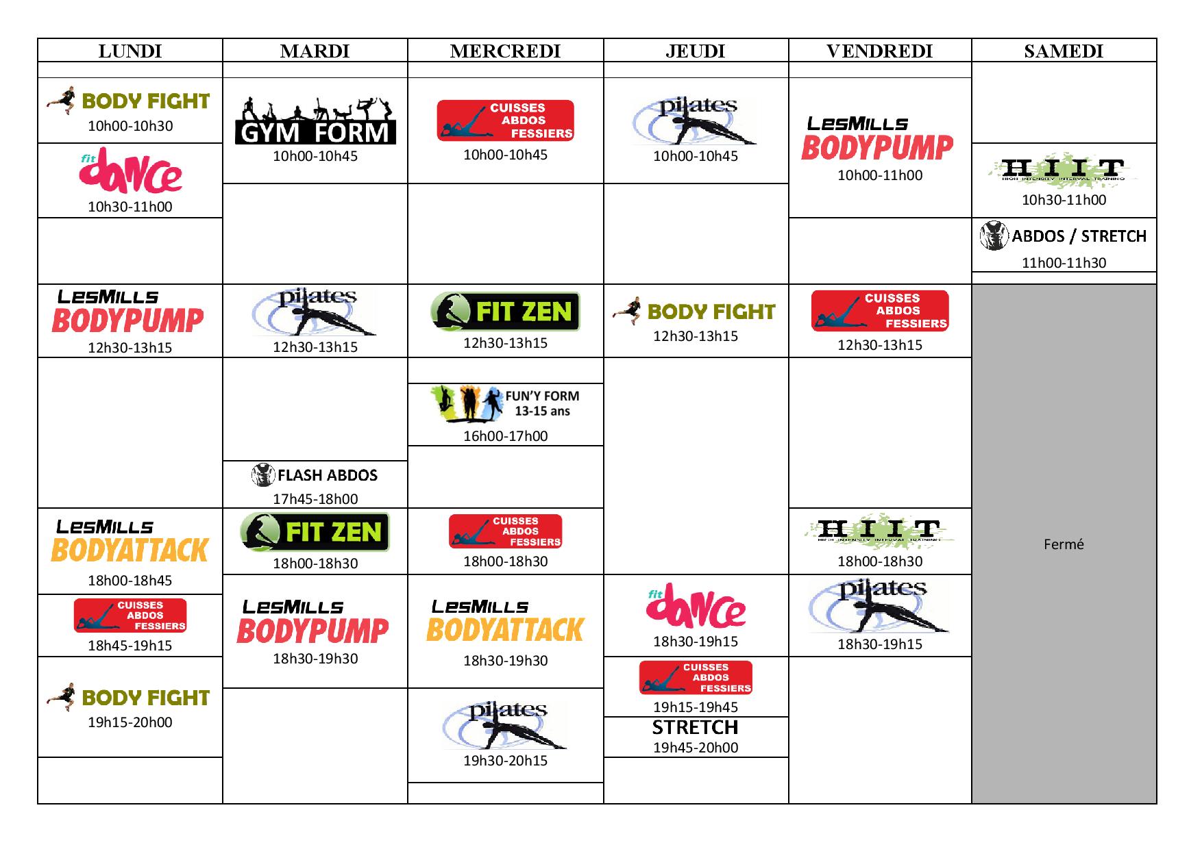 Planning de cours fitness été 2020