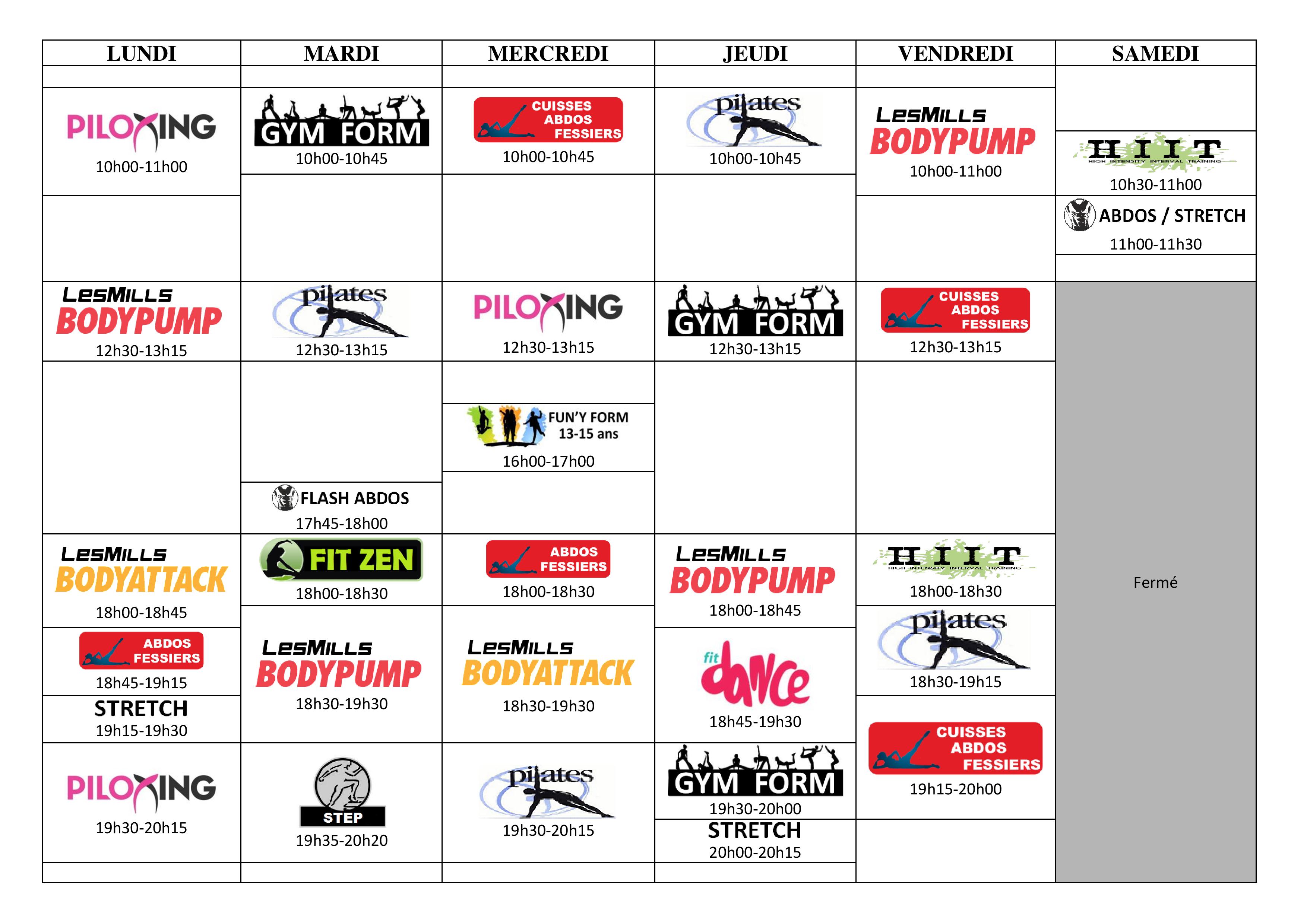 Planning fitness (janvier 2020)